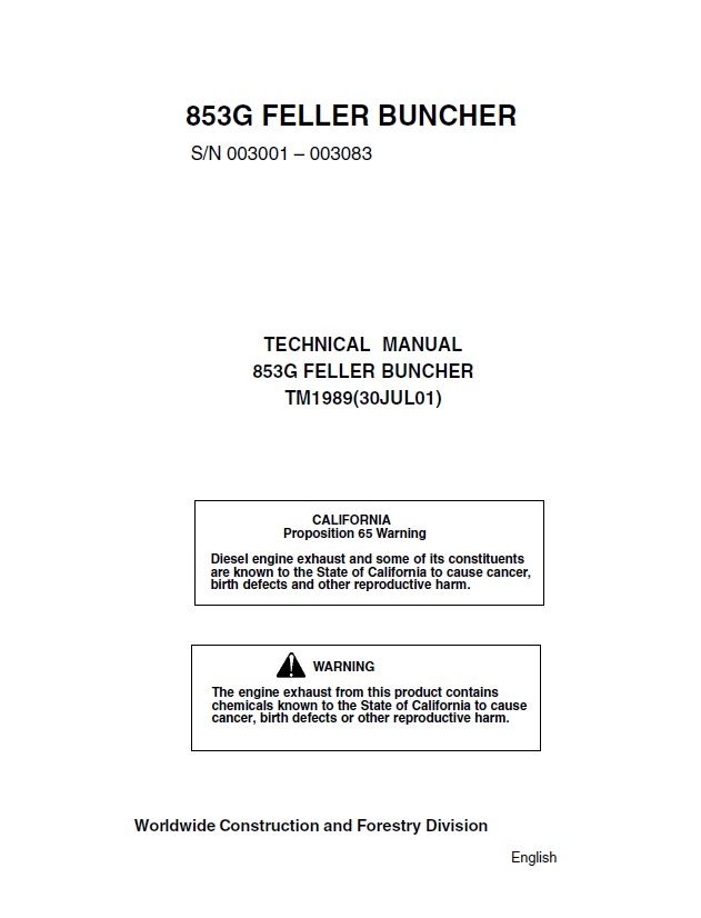 John Deere 853G Feller Buncher Technical Service repair Manual SN 003001-003083
