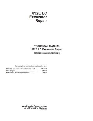 JOHN DEERE 892E LC EXCAVATOR TECHNICAL REPAIR MANUAL (TM1542)