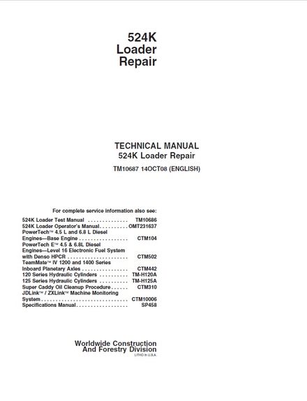 JOHN DEERE 524K 4WD WHEEL LOADER ENGINE 6068HDW74 T3 SERVICE REPAIR TECHNICAL MANUAL (TM10687)