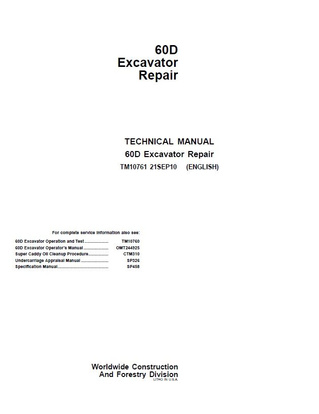 JOHN DEERE 60D EXCAVATOR TECHNICAL REPAIR MANUAL (TM10761)