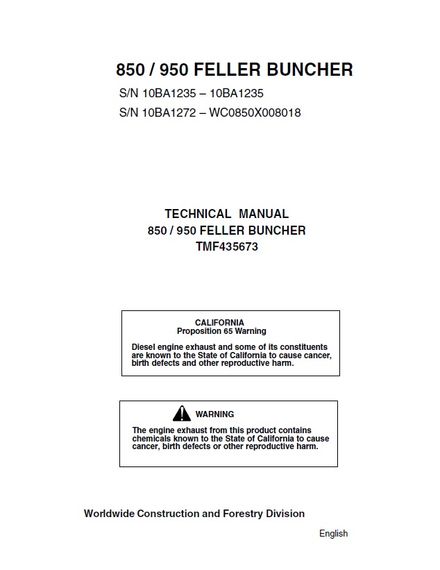 TIMBERJACK 850 950 FELLER BUNCHER TECHNICAL SERVICE REPAIR MANUAL SN 10BA1272-WC0850X008018 TMF4356