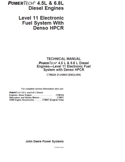 JOHN DEERE PowerTech 4.5L AND 6.8L DIESEL ENGINES LVL11 Denso HPCR COMPONENT TECHNICAL MANUAL CTM220