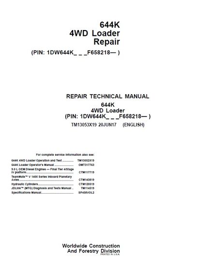 JOHN DEERE 644K 4WD LOADER 20JUN 2017 REPAIR TECHNICAL MANUAL PIN 1DW644K_ _ _F658218- (TM13053X19)