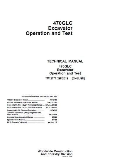 JOHN DEERE 470GLC EXCAVATOR OPERATION AND TEST MANUAL (TM12174)