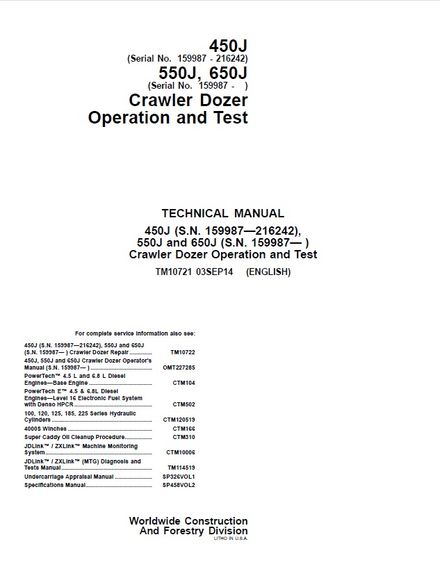 JOHN DEERE 450J, 550J, 650J Crawler Dozer 03 SEP 2014 OPERATION TEST TECHNICAL MANUAL (TM10721)