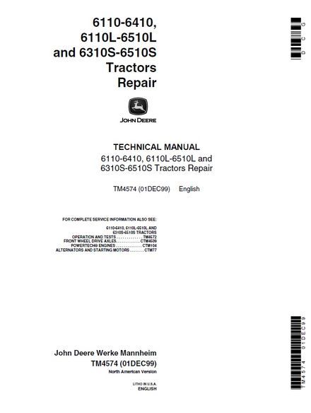 JOHN DEERE 6110-6410, 6110L-6510L, 6310S-6510S TRACTORS SERVICE REPAIR MANUAL (TM4574)