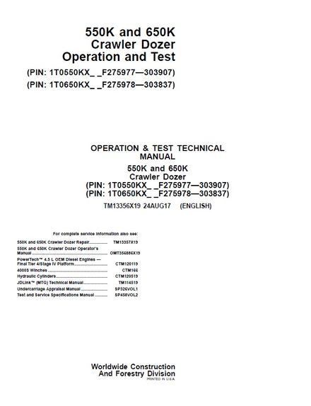 JOHN DEERE 550K 650K CRAWLER DOZER 24 AUG 17 OPERATION AND TEST REPAIR MANUAL PIN 1T0650KX_ _F275978