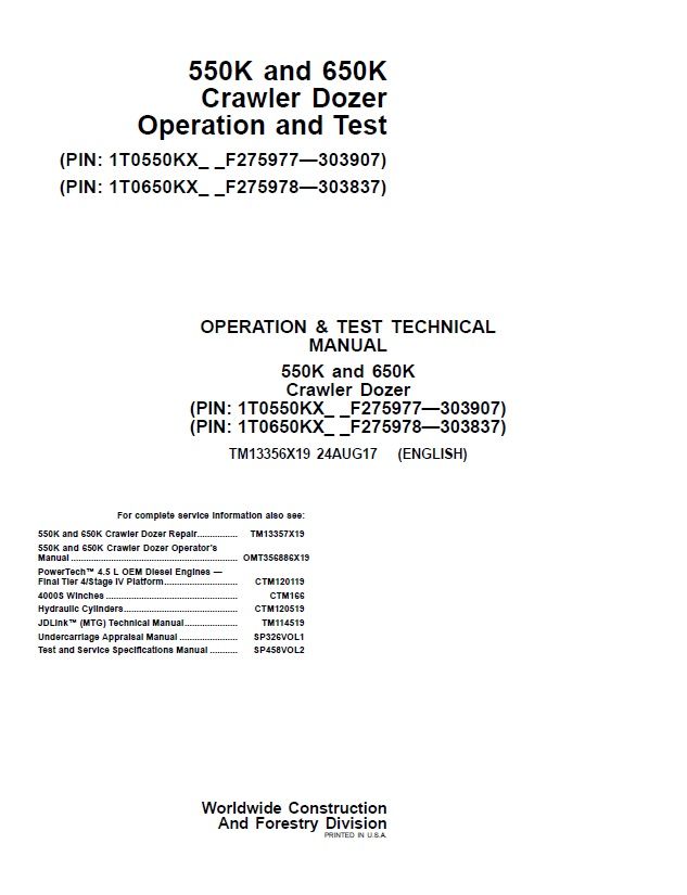 JOHN DEERE 550K 650K CRAWLER DOZER 24 AUG 17 OPERATION AND TEST REPAIR MANUAL PIN 1T0650KX_ _F275978