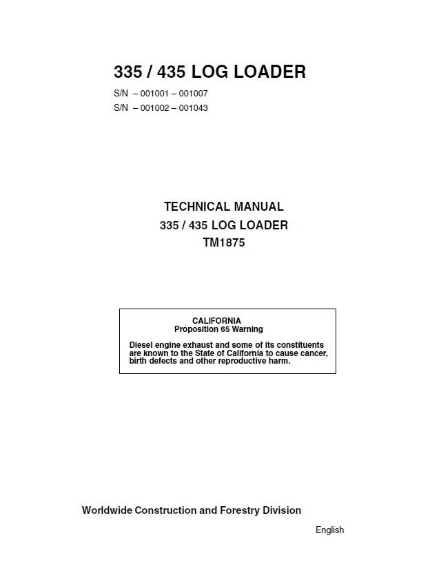 JOHN DEERE 335 435 LOG LOADER TECHNICAL SERVICE REPAIR MANUAL SN ...