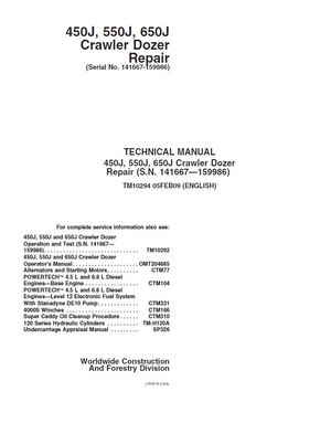JOHN DEERE 450J, 550J, 650J Crawler Dozers TECHNICAL MANUAL (TM10294) SN 141667-159986