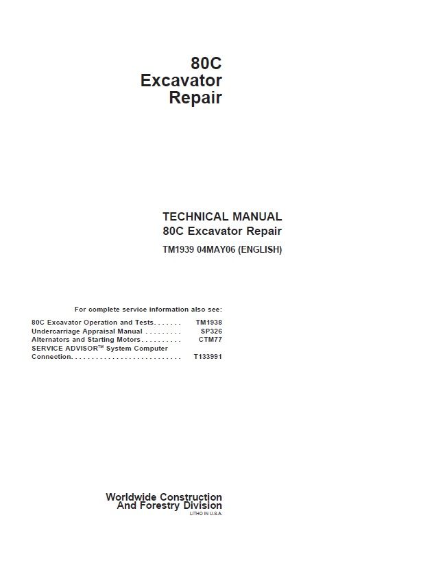 JOHN DEERE 80C EXCAVATOR TECHNICAL REPAIR MANUAL (TM1939)