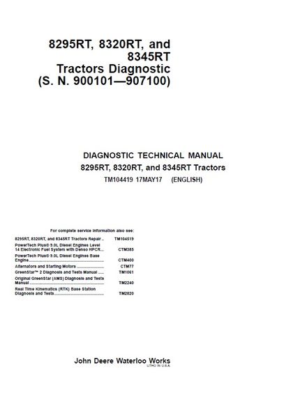 JOHN DEERE 8295RT, 8320RT, 8345RT 8RT TRACTOR DIAGNOSTIC 17MAY17 TECHNICAL SERVICE REPAIR MANUAL 