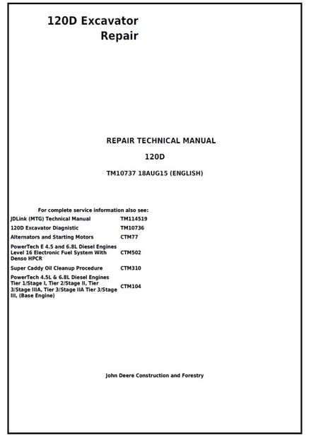 JOHN DEERE 120D EXCAVATOR TECHNICAL SERVICE REPAIR MANUAL (TM10737)