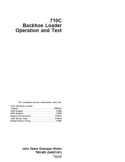 JOHN DEERE 710C BACKHOE LOADER TECHNICAL OPERATION AND TEST MANUAL (TM1450)