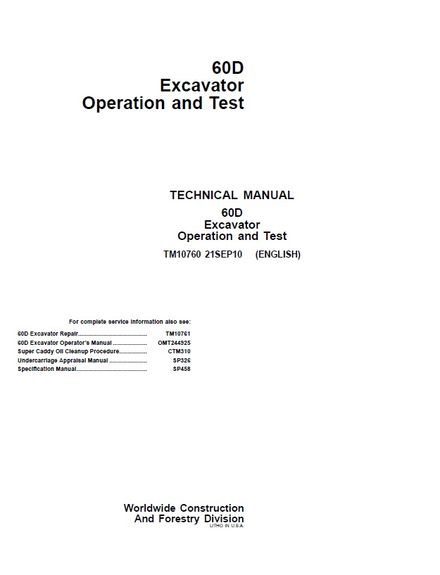 JOHN DEERE 60D EXCAVATOR OPERATION TEST TECHNICAL MANUAL (TM10760)