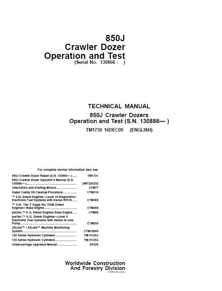 JOHN DEERE 850J CRAWLER DOZER OPERATION TEST MANUAL (TM1730) SN 130866 &amp; UP