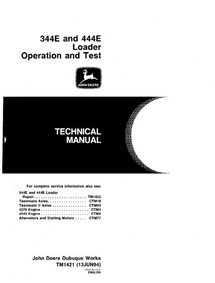 JOHN DEERE 344E 444E LOADER OPERATION AND TEST SERVICE REPAIR MANUAL (TM1421)