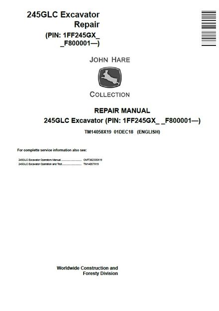 JOHN DEERE 245GLC EXCAVATOR SERVICE REPAIR TECHNICAL MANUAL (TM14058X19)