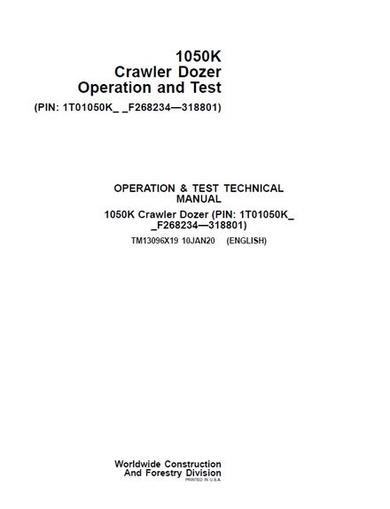 JOHN DEERE 1050K CRAWLER DOZER OPERATION AND TEST REPAIR MANUAL (TM13096X19)