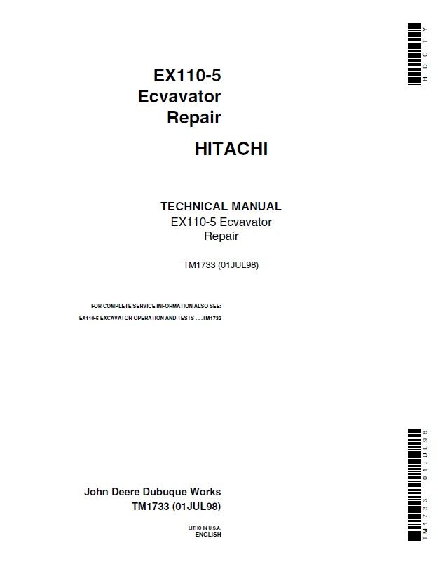 JOHN DEERE HITACHI EX110-5 EXCAVATORS TECHNICAL SERVICE REPAIR MANUAL (TM1733)
