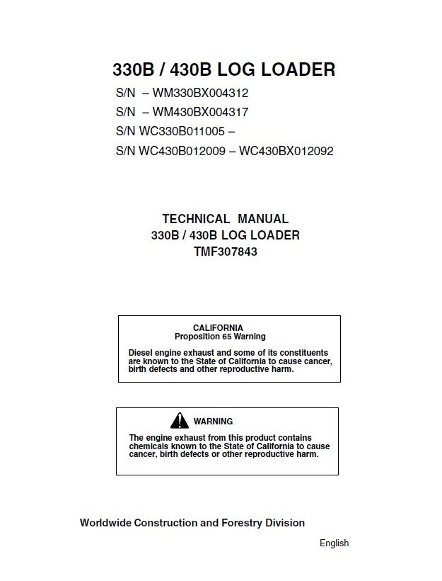 TIMBERJACK 330B 430B LOG LOADER TECHNICAL SERVICE REPAIR MANUAL SN WC330B011005 &amp; UP (TMF307843)