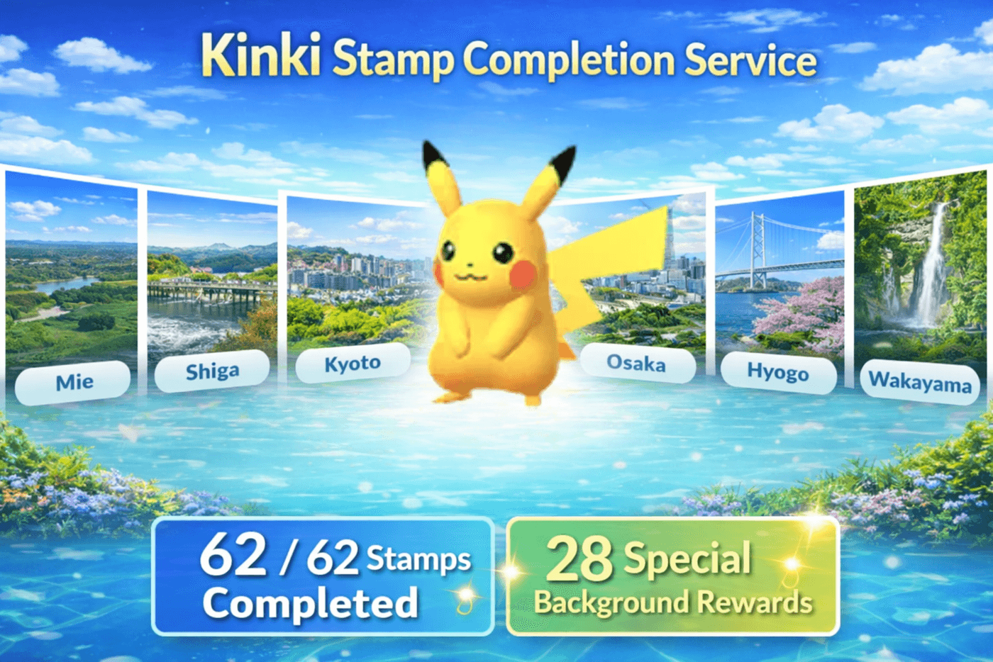 Kinki Poké Lid Stamp Rally (x28 Pikachu With Special Background)