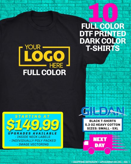 10 FULL COLOR DTG PRINTED DARK T-SHIRTS
