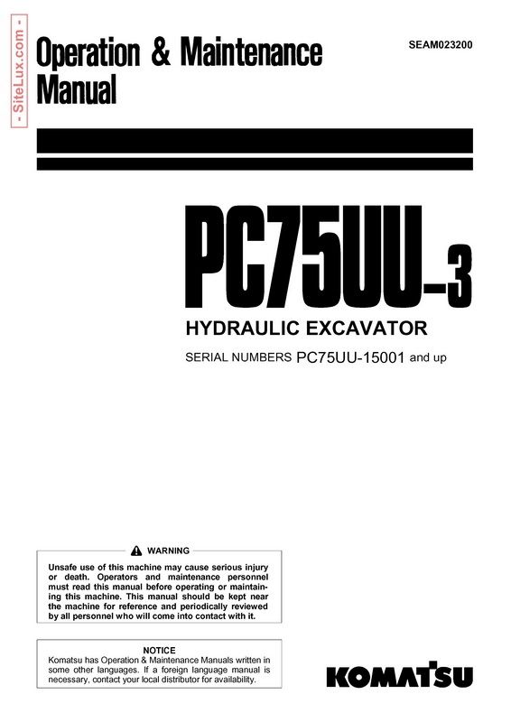 Komatsu PC75UU-3 Hydraulic Excavator Operation & Maint