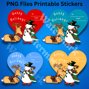 Holiday Gift Label Sticker/Printable Download/ PNG File/Reindeer and Snowman