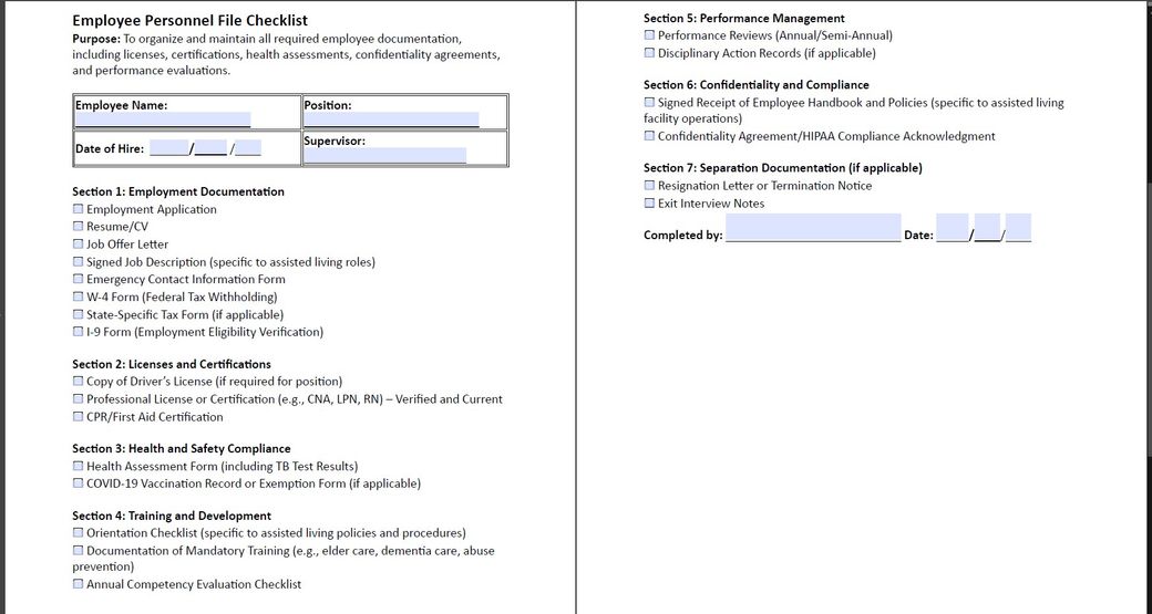 Employee Personnel File Checklist