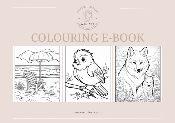 Beaches, Animals, Houses and Cakes Colouring E-Book
