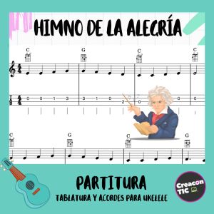 "Himno de la Alegría" Partitura para Ukelele con pentagrama, tablatura, acordes y base MP3 