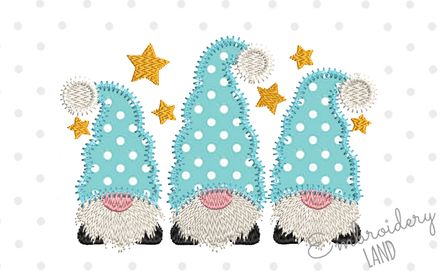 Three Gnomes in the Same Hats Zigzag Applique Machine Embroidery Design 4 sizes DE096