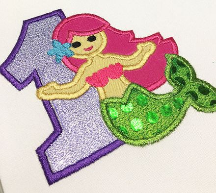 Cute Mermaid Number 1 Applique Machine Embroidery Design HB081