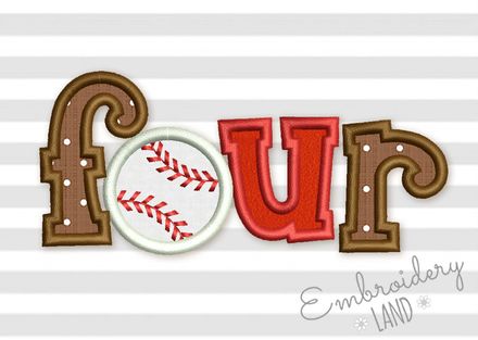 Baseball Four Birthday Applique Machine Embroidery Design SP022