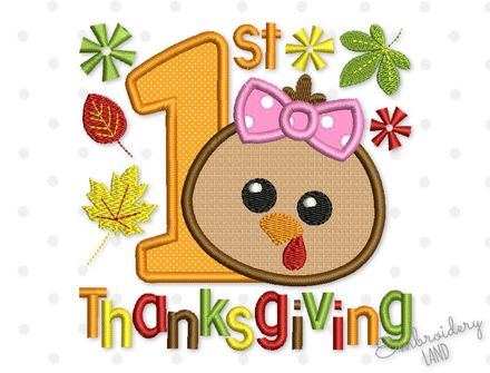 My 1st Thanksgiving Applique Embroidery Design for Girls TG030