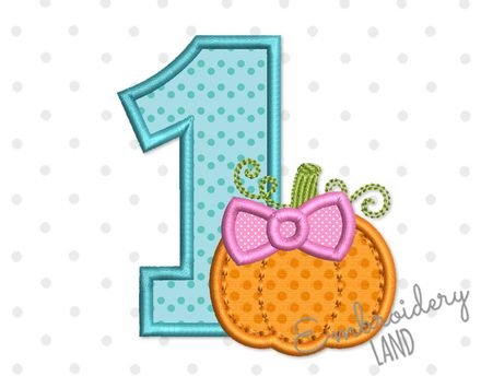 Number 1 Bow Pumpkin Applique Machine Embroidery Design TG032