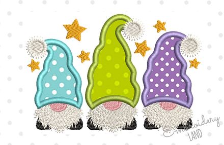 Three Gnomes Satin Applique Machine Embroidery Design DE097