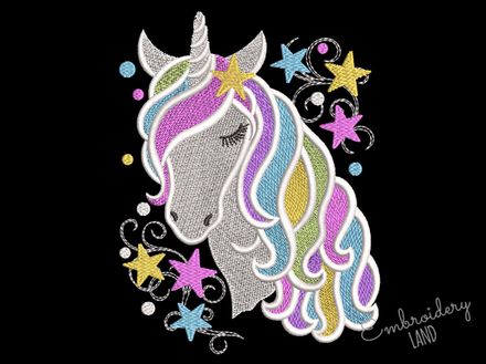 Stars Unicorn with Colored Mane Machine Embroidery Design 3 sizes AN065