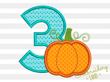 Number 3 Pumpkin Applique Machine Embroidery Design TG020