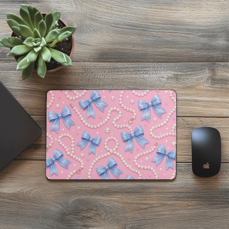 Mouse Pad - Blue Bows and Pearls