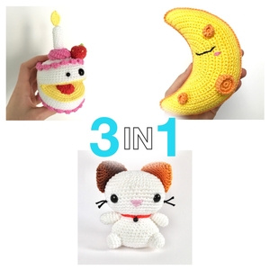 Crochet Amigurumi Pattern Bundle 3in1 • Coconut The Cat + Derp Cake + Femma Moon