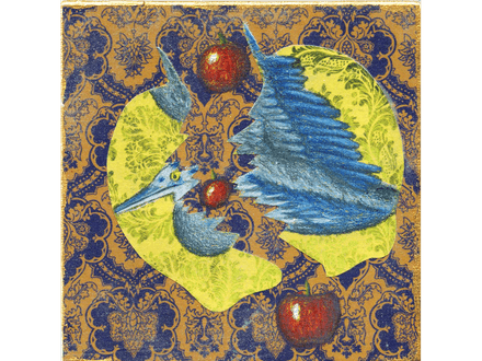 Heron One original drawing and collage on panel