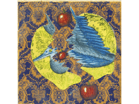 Heron One original drawing and collage on panel