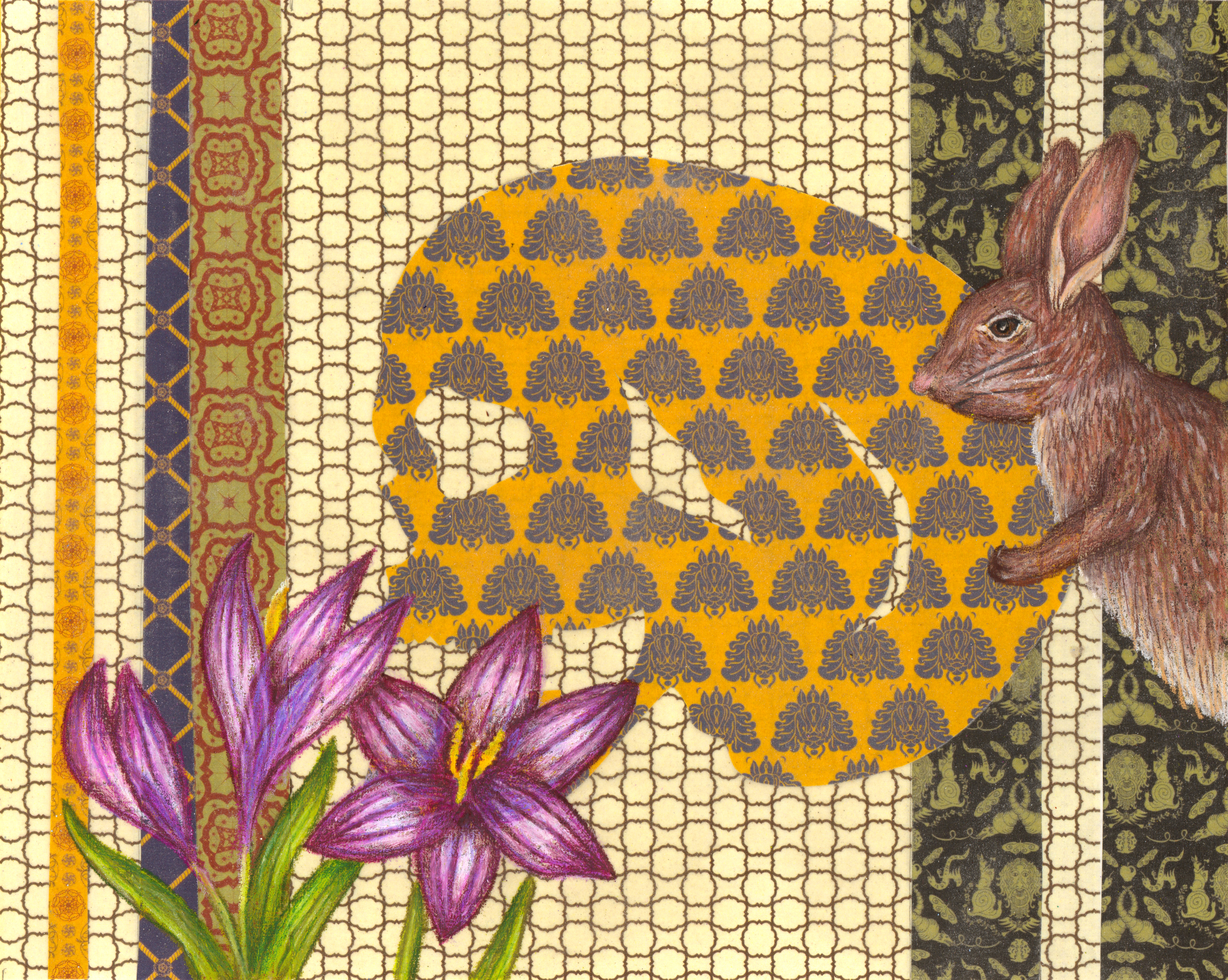 A brown bunny eyes some purple crocuses from behind a golden skull on a pattern collage background