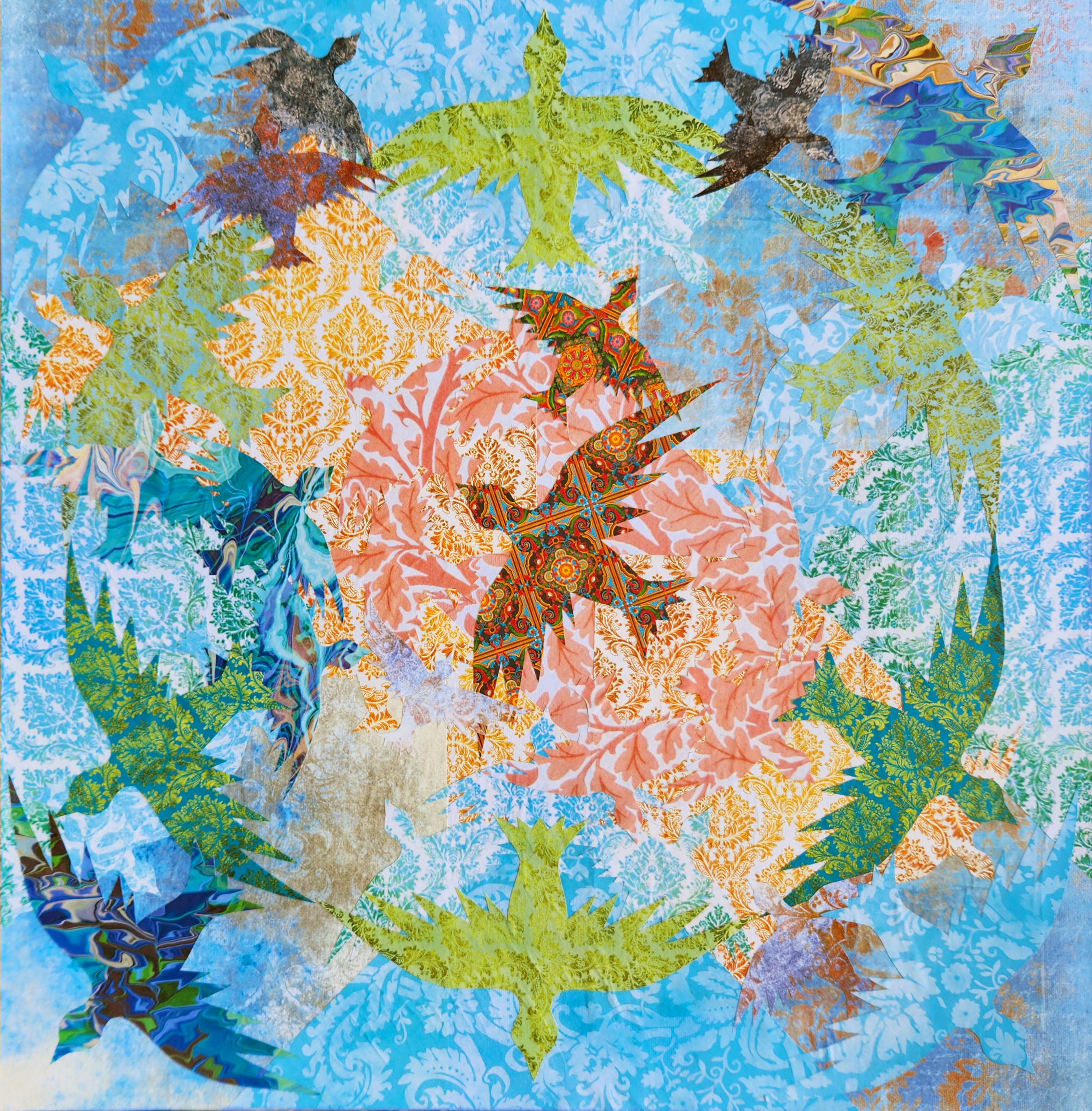 A collage of orange light in the center surrounded by blue. Birds encircle the light, all cut out of repeat patterned paper