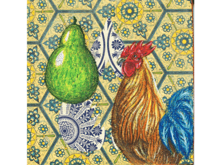 Rooster original drawing and collage on panel