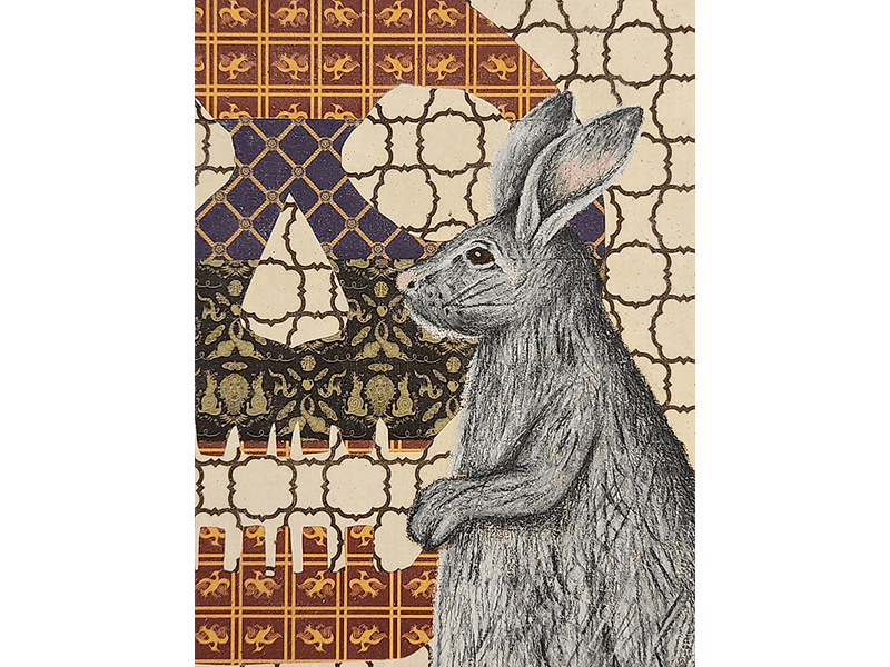 Hopping Through the Flax Original Drawing on pattern collage