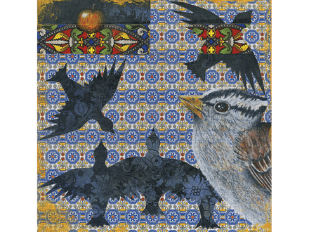 Startled Sparrow original drawing and collage on panel