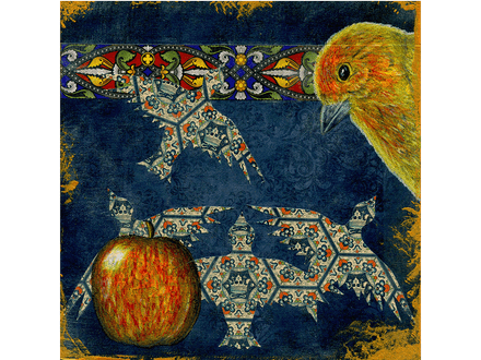 Flaming Finch original drawing and collage on panel